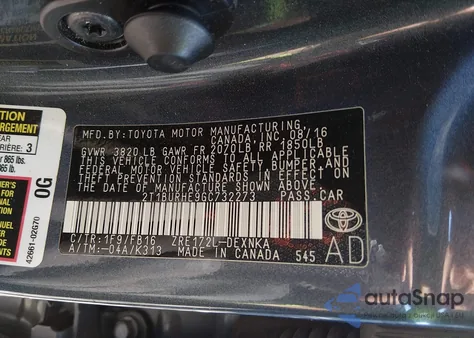 2016 Toyota Corolla Le from USA, damaged, VIN 2T1BURHE9GC732273